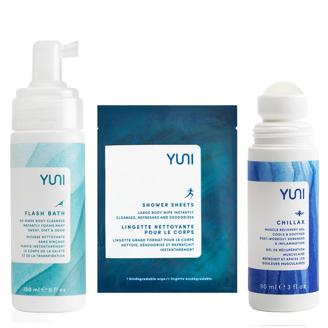 Yuni Flash Bath Body Cleansing Foam, Yuni Shower Sheets, Yuni Chillax Muscle Recovery Gel