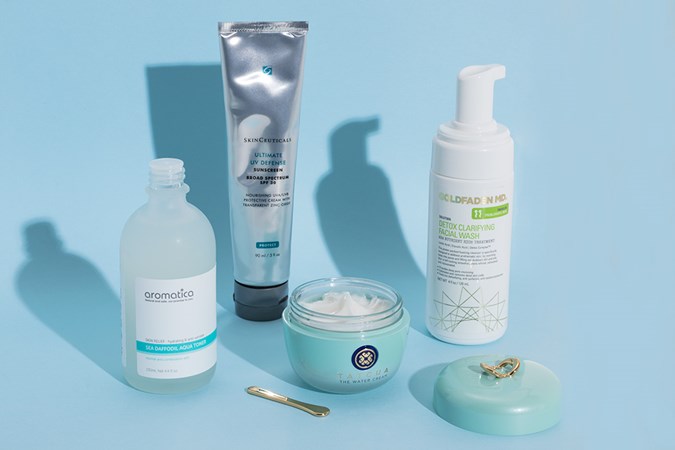 Aromatica Sea Daffodil Aqua Toner; Skinceuticals Ultimate UV Defense Sunscreen; Tatcha The Water Cream; Goldfaden MD. Detox Clarifying Facial Wash